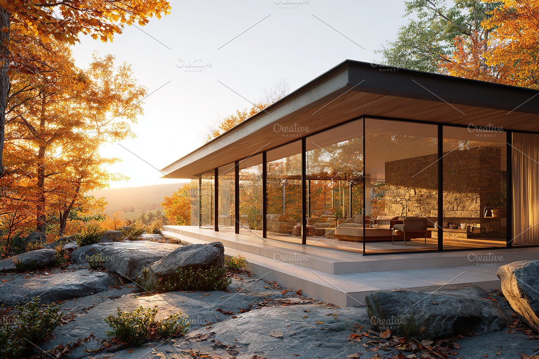 Elegant retreat room featuring floor-to-ceiling glass windows surrounded by aut, a Photo by AlyaAnd