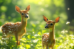Two deers fawn standing in a green meadow, a Photo by AlyaAnd