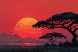 Large glowing sun setting over an African savanna with silhouett, a Nature Photo by José Manuel Gelpi