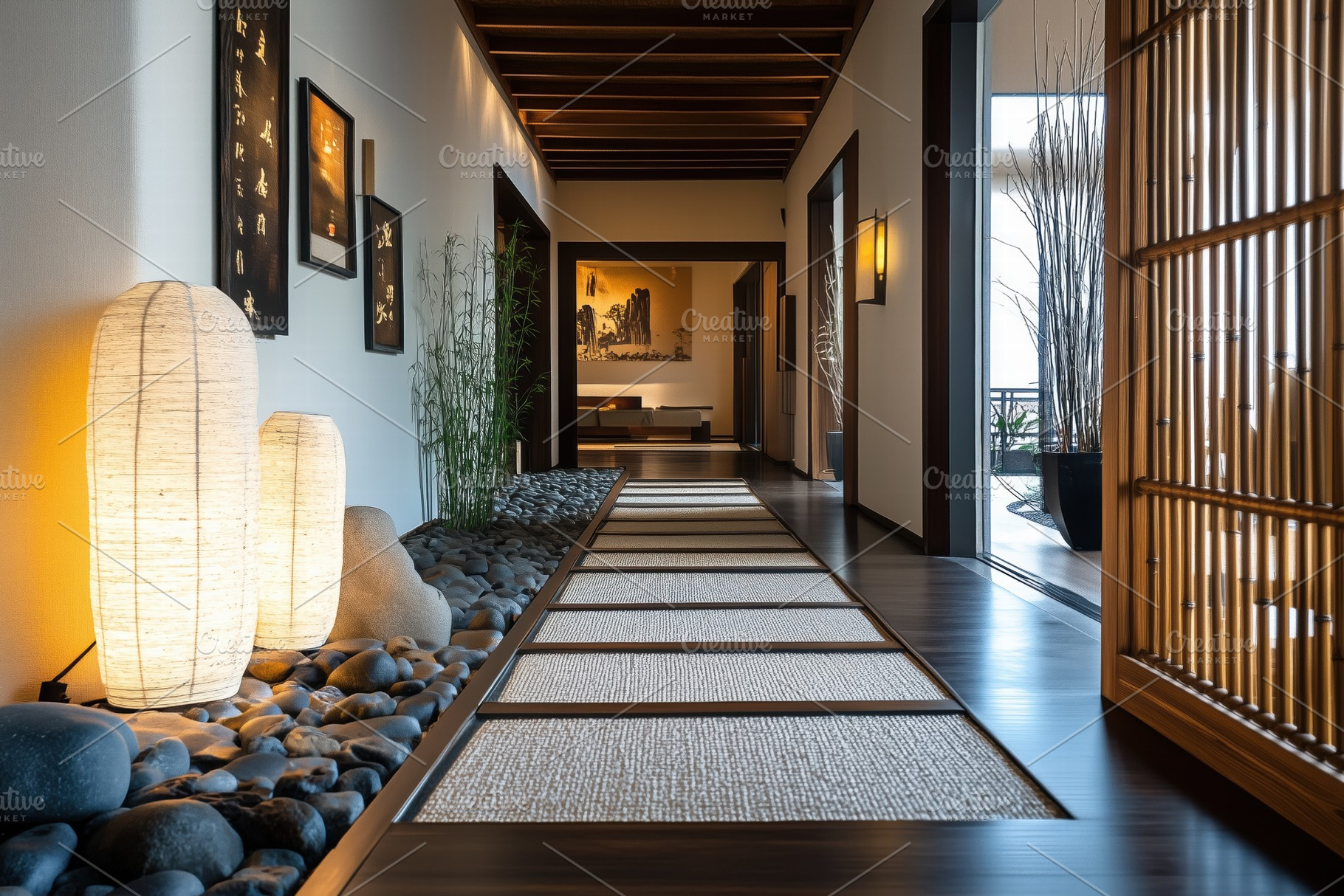 A Asian Zen interior design style serene hallway featuring traditional  Japanese, an Arts \u0026 Entertainment Photo, image size:1820x1214