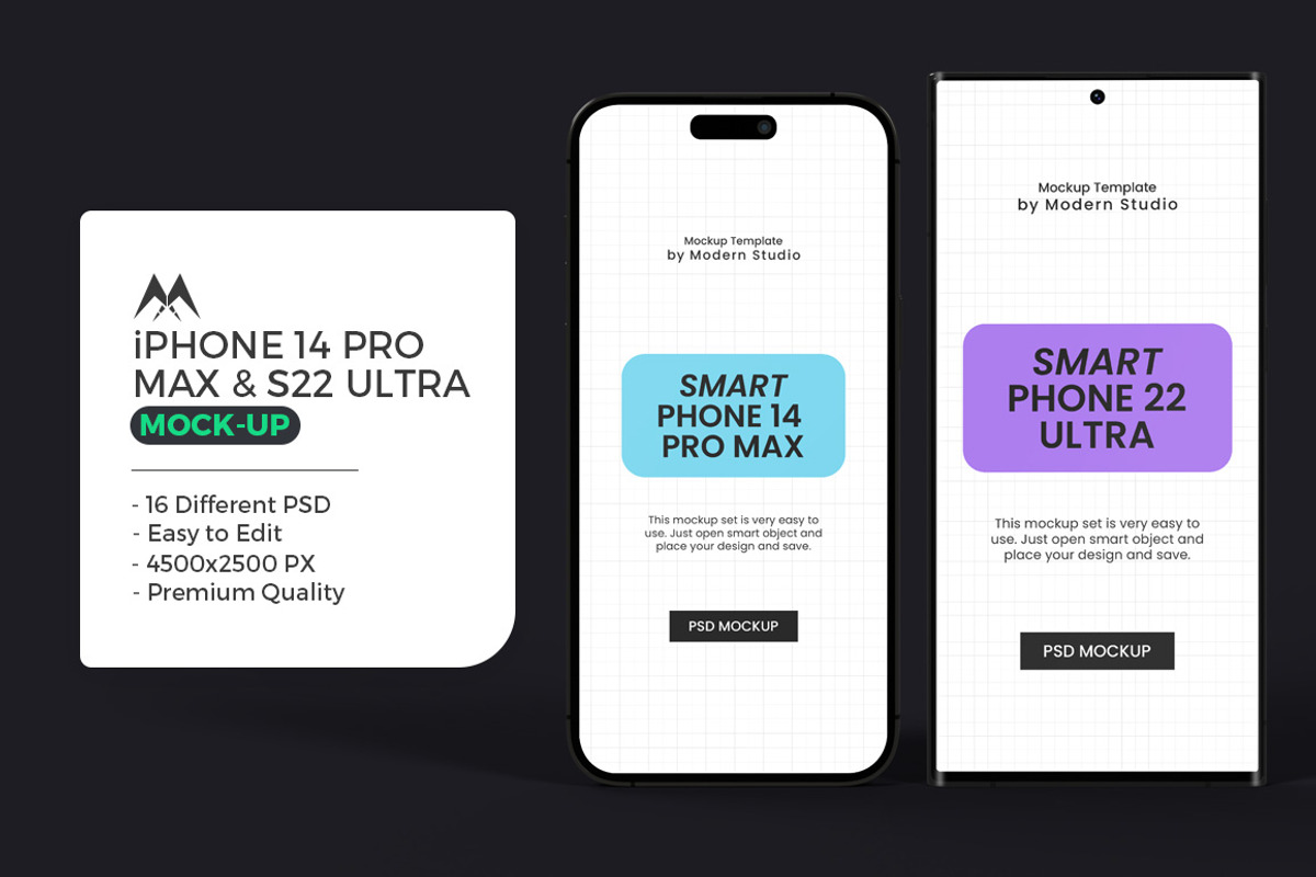 iPhone 14 Pro Max & S22 Ultra Mockup, an iPhone Mockup by Modern Studio (Photo 1 of 20)