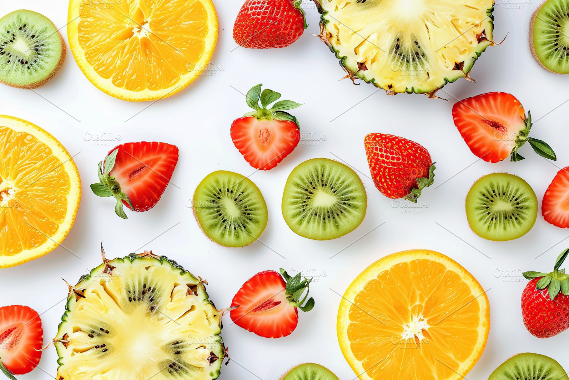 Pattern of different fresh sliced fruits on white background, a Food & Drink Photo by AlyaAnd