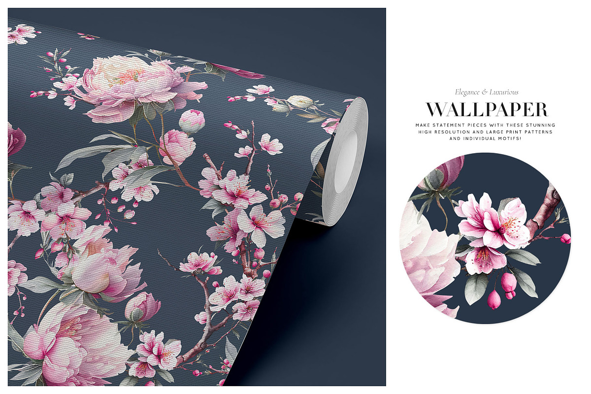 Hanami, Peonies and Sakura Patterns, a Wallpaper Graphic by Pink Linen (Photo 8 of 10)