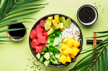Poke bowl with raw tuna, avocado, mango, cucumber, lettuce and w, a Food & Drink Photo by 5PH