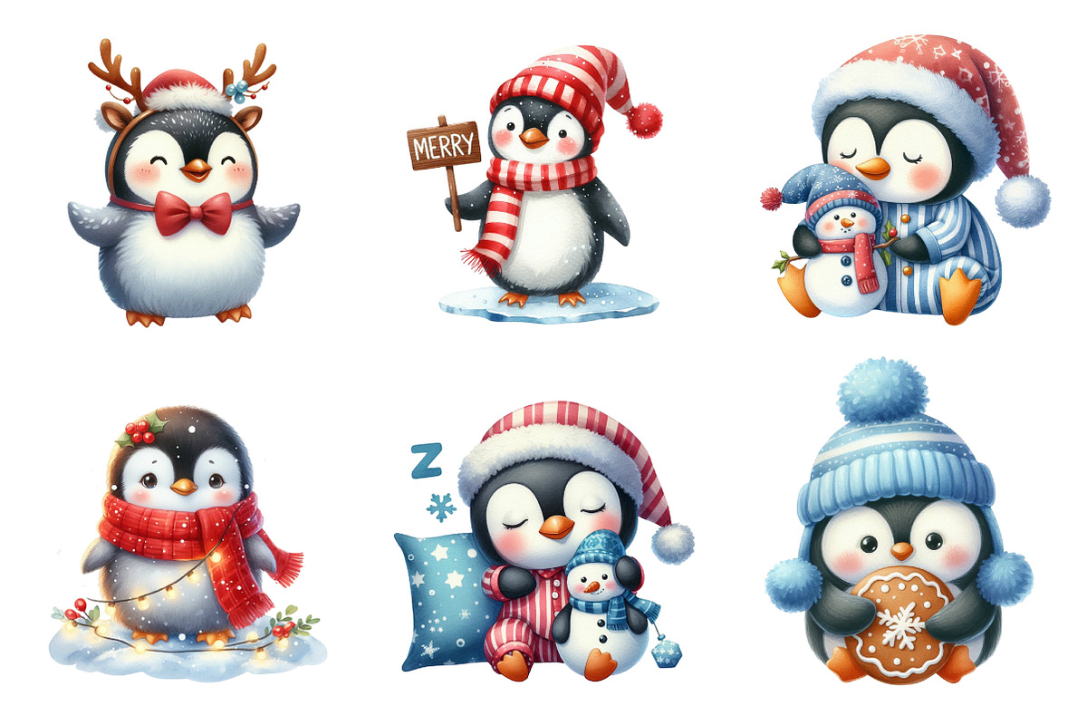 Watercolor Winter Penguin Clipart, an Illustration by SinaCreation (Photo 4 of 7)