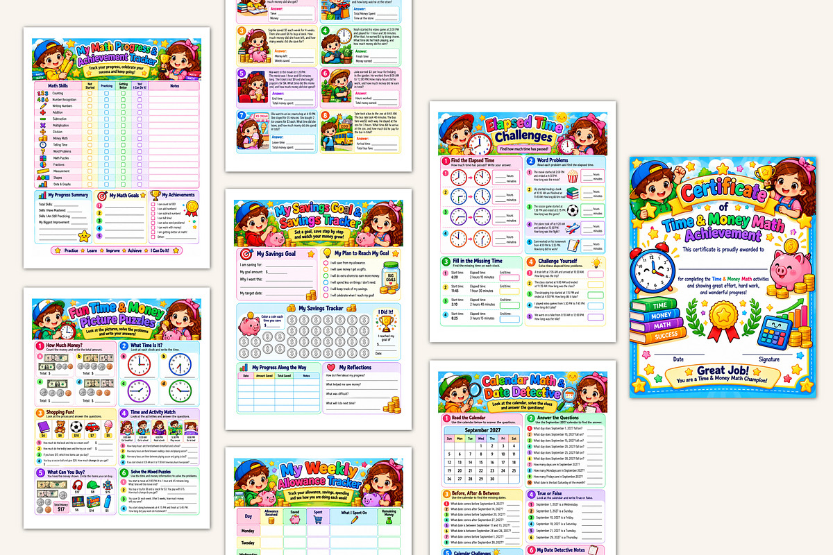 2027 Kids Time & Money Math Workbook, a Stationery Template by Designmela01 (Photo 4 of 5)