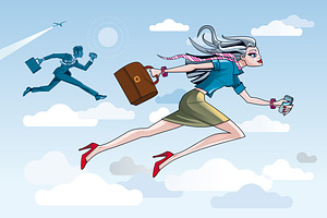 Businesswoman Running Through Clouds