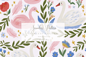 Swan and Floral Seamless Pattern