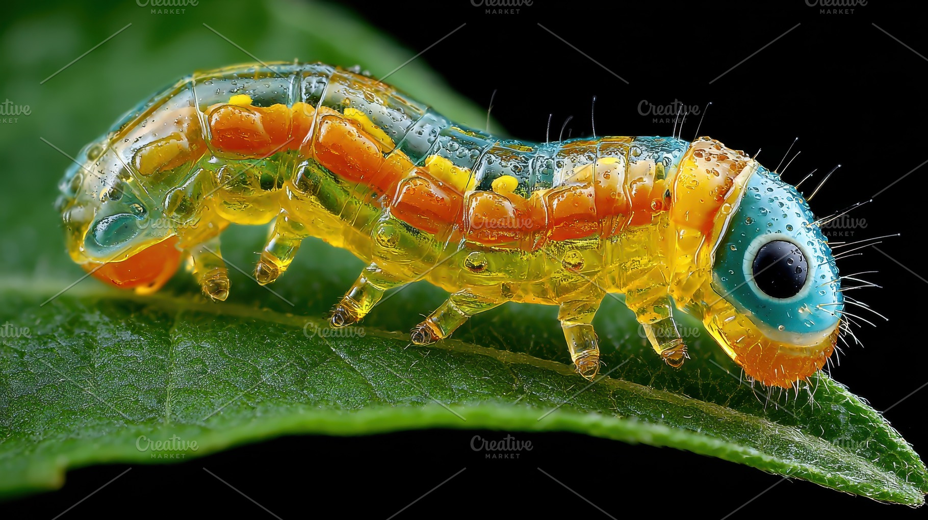 Vibrant caterpillar on green leaf ma, a Photo by Pixeness Studio