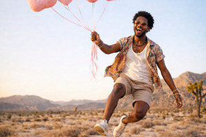 man jumping with love balloons, generative AI, a Photo by Nito