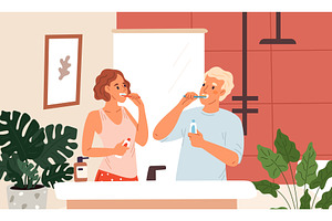 Young man and woman brush teeth in, a Person Illustration by Vectorbuum
