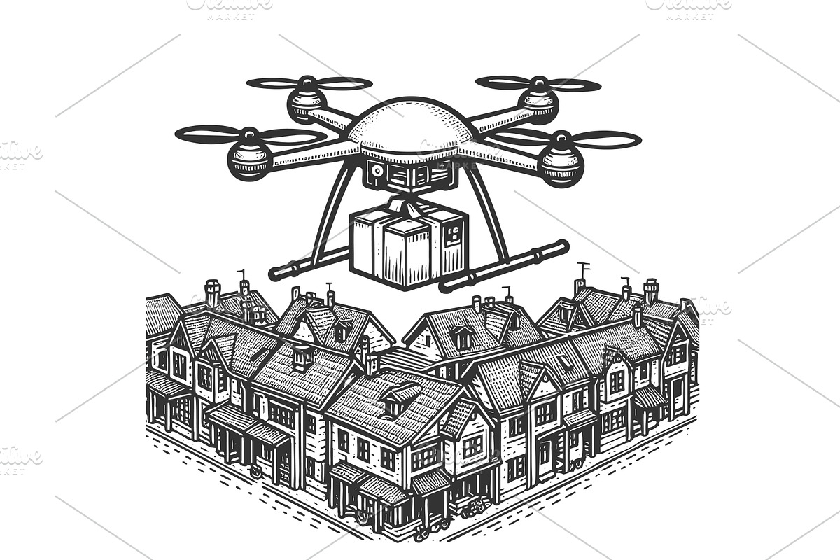 Drone Delivering Package Over, a Technology Illustration by AlexArt