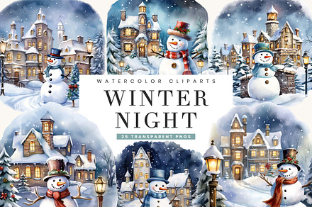 Snowman Winter Night Clipart, an Object Illustration by BusyDaydesign