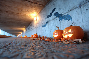 Halloween decorations with carved pumpkins and bat artwork in an urban tunnel d, a Holiday Photo by AlyaAnd