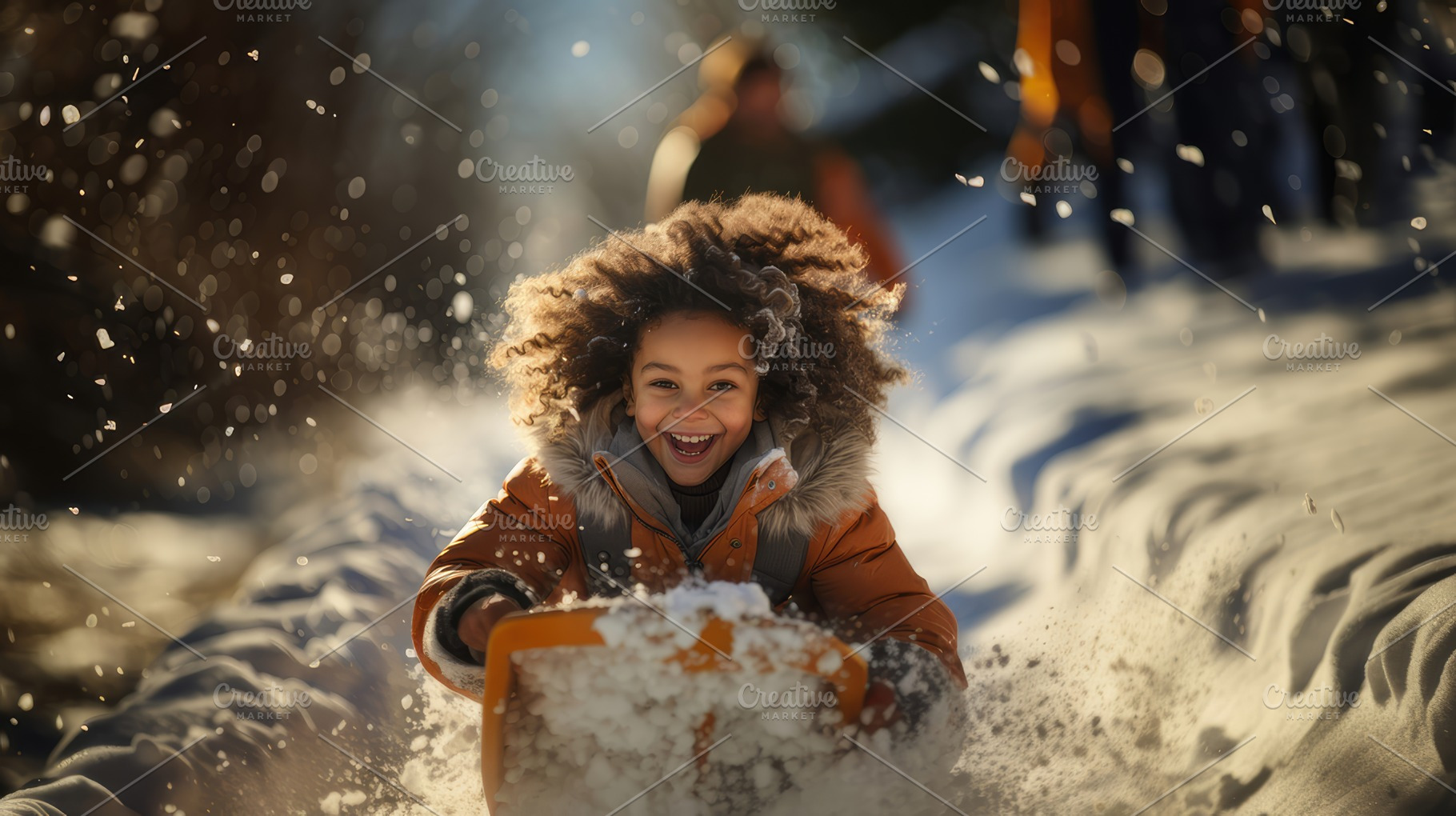 Joyful African Girl Sledding Down Snowy Hill During Winter Playtime, a Photo by AS photostudio