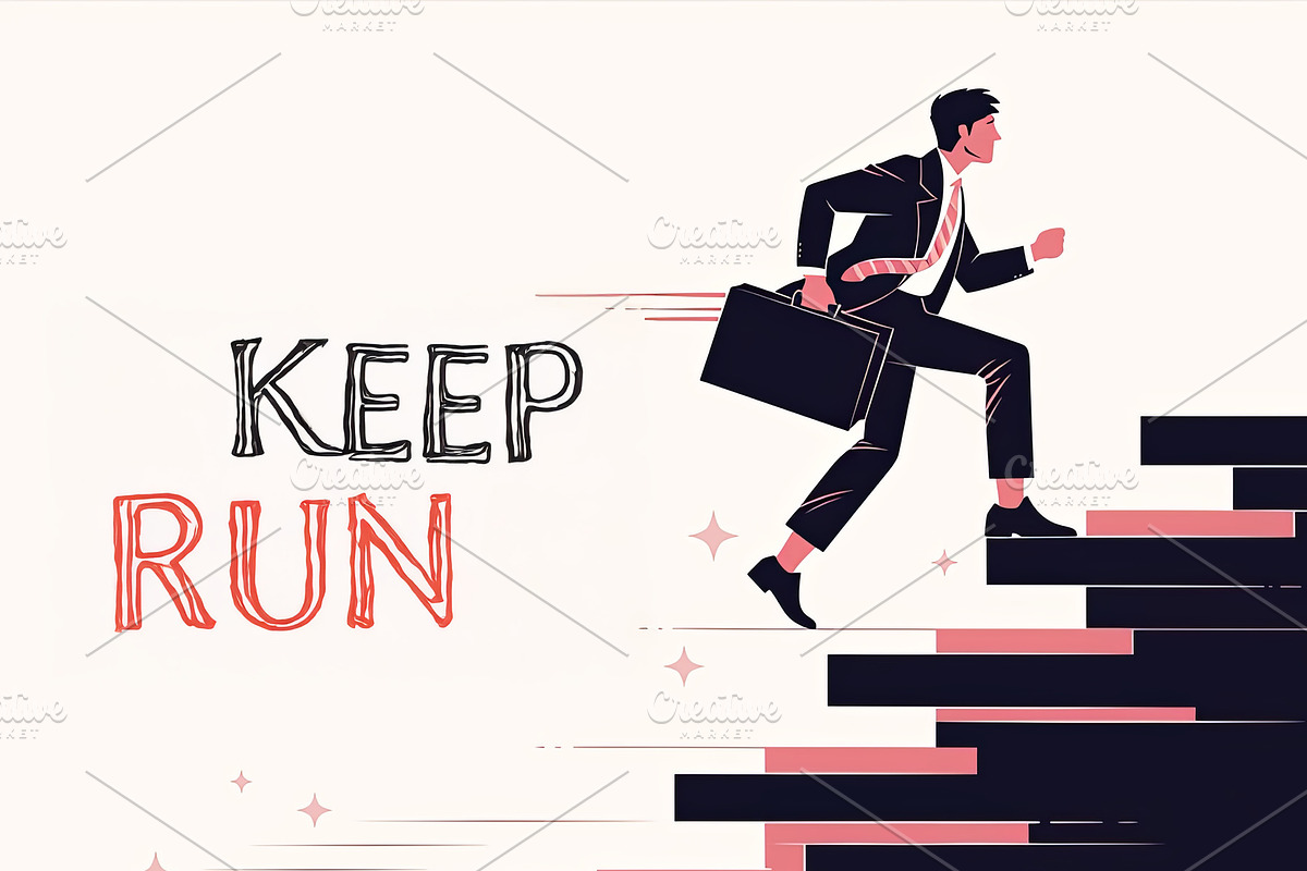 Businessman running upstairs symbolizing ambition and progress in professional, an Illustration by AS photostudio
