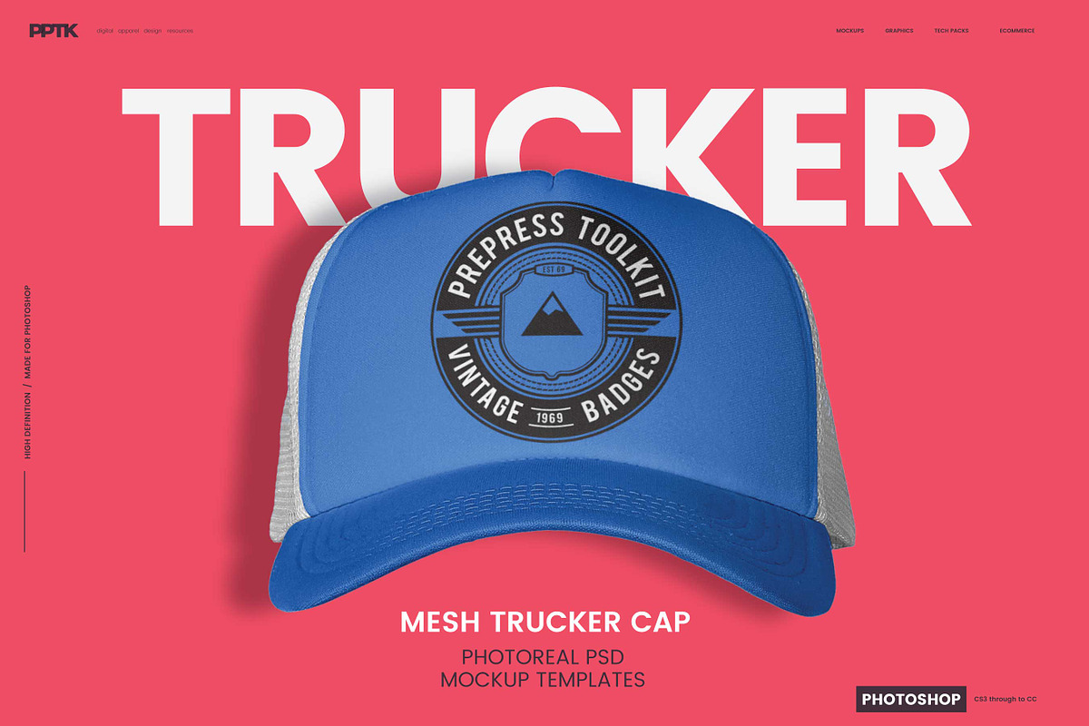 Trucker Cap Photoshop Template, a Hat Mockup by PrePress Toolkit (Photo 1 of 4)