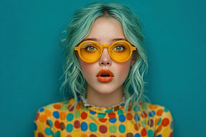 Surprised young woman with turquoise hair wearing yellow sunglas, a Photo by José Manuel Gelpi