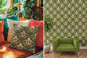 Green Ikat Floral Damask Pattern