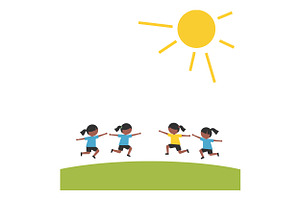 Four children joyfully running toget, an Illustration by designvectx