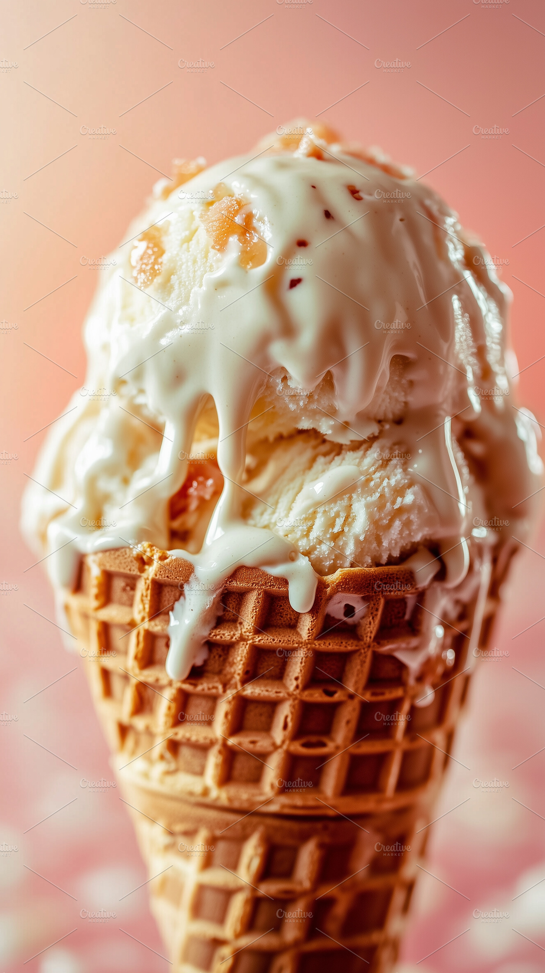Melting ice cream on waffle cone on, a Food & Drink Photo by MistyDay
