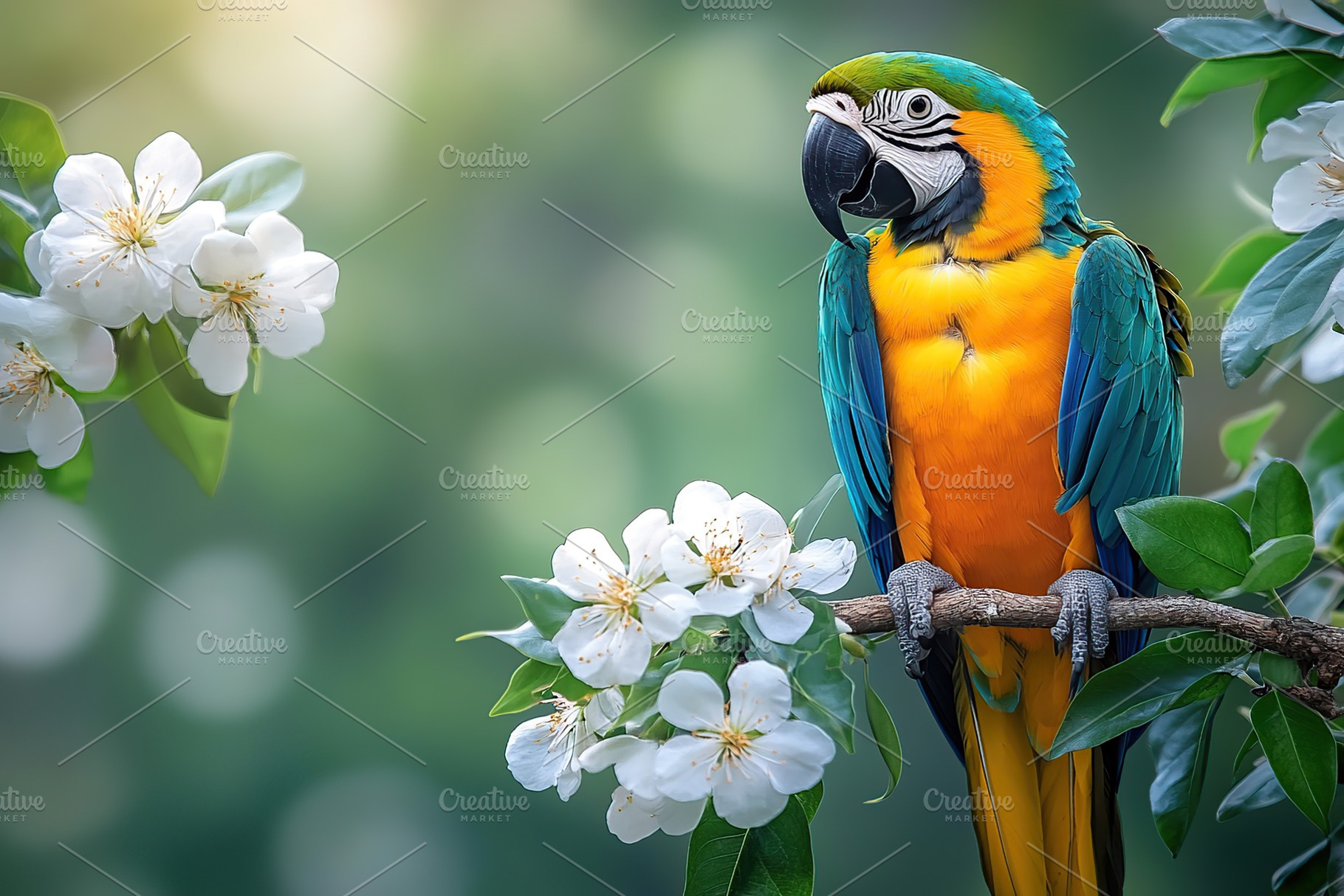 Macaw parrot sitting on a flowering tree branch, an Animal Photo by AlyaAnd