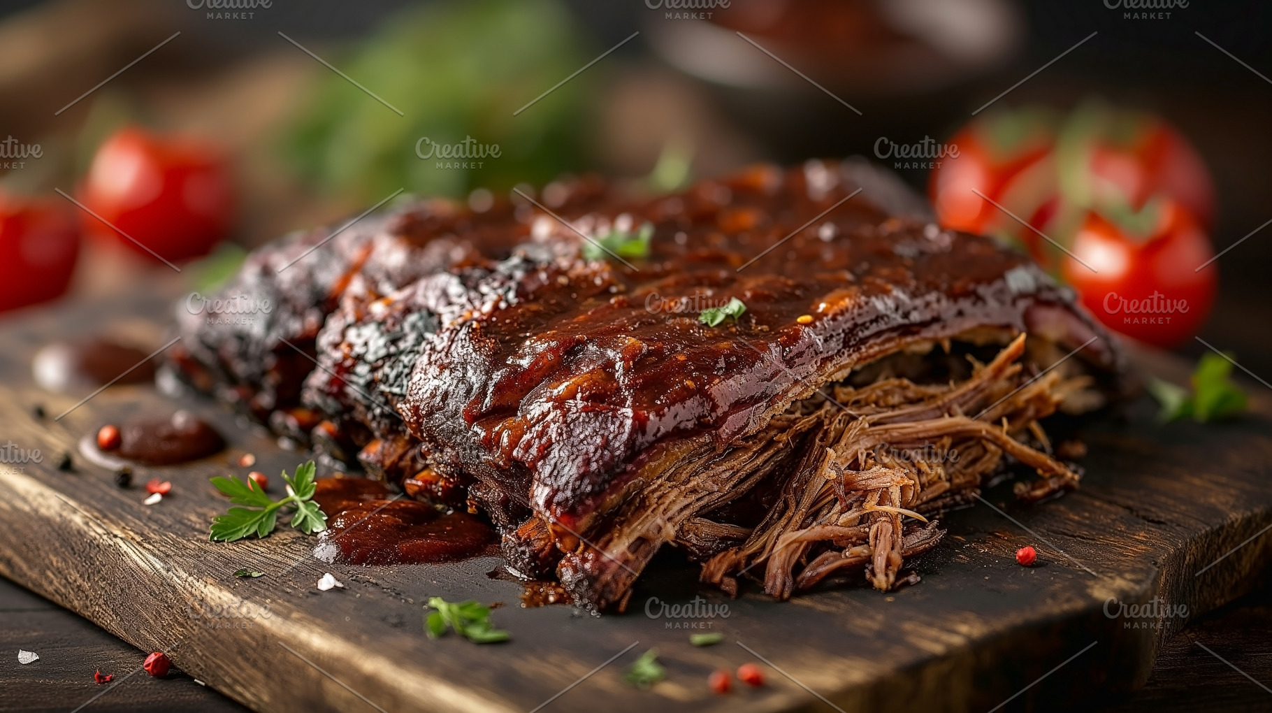 Succulent barbecue beef brisket on a rustic wooden cutting board, a Food & Drink Photo by ImageMir