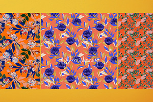 Orange Floral Seamless Vector Pack