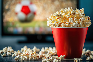 Enjoying popcorn while watching a thrilling soccer match on tele, a Food & Drink Photo by AlyaAnd