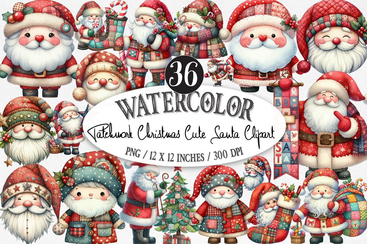 Patchwork Christmas Cute Santa Clip, an Illustration by Designking (Photo 1 of 5)