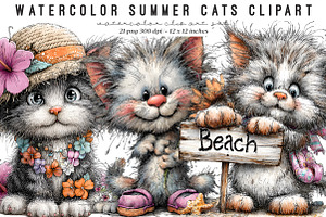 Watercolor summer cats clipart, an Illustration by SinaCreation