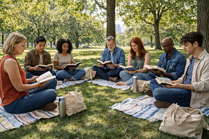 Reading club gathering in park with, a Photo by Dvoevnore photos