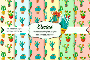 Cactus digital paper watercolor, a Pattern Graphic by AnastasiaWatercolor