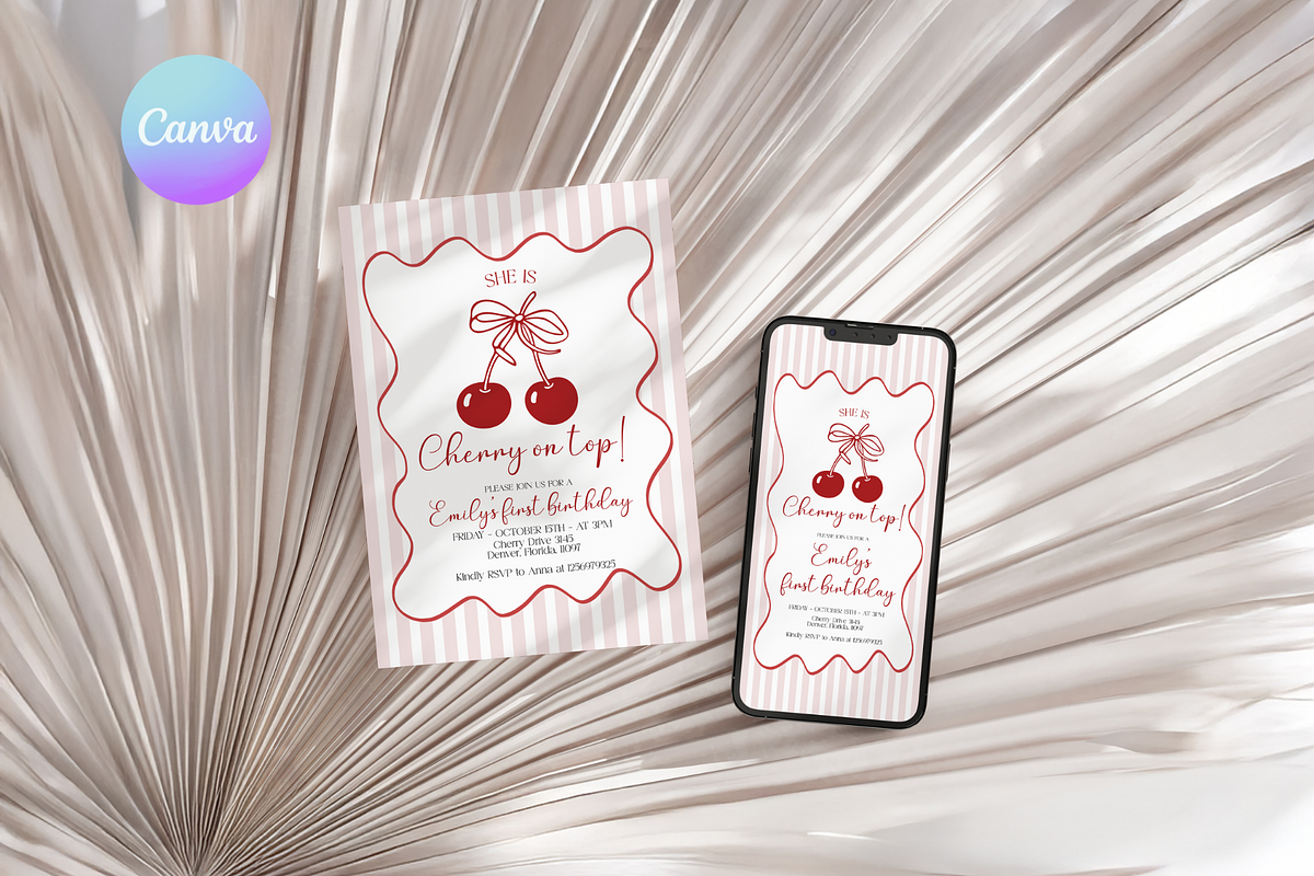 Cherry on Top 1st Birthday Invite, a Templates & Theme by VeliusCreativeStudio (Photo 1 of 6)
