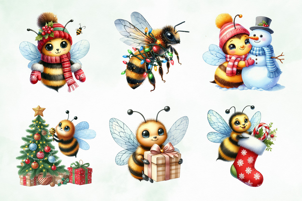 Cute Cartoon Christmas Bees Clipart, an Illustration by Creative Art (Photo 6 of 9)