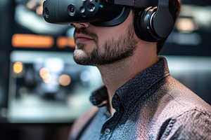 A man virtual prototyping specialist wearing a virtual reality headset and head, a Person Photo by Textures & Backgrounds