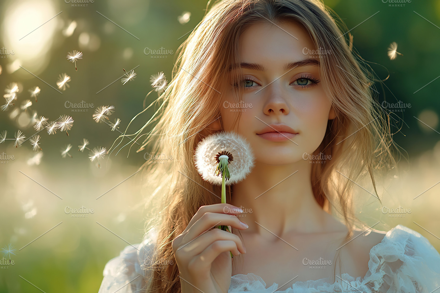Young woman holding dandelion fluff outdoors during golden hour in a serene nat, a Person Photo by AlyaAnd