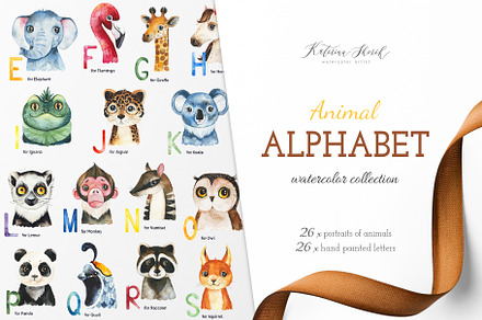 Watercolor Animal Alphabet. A to Z