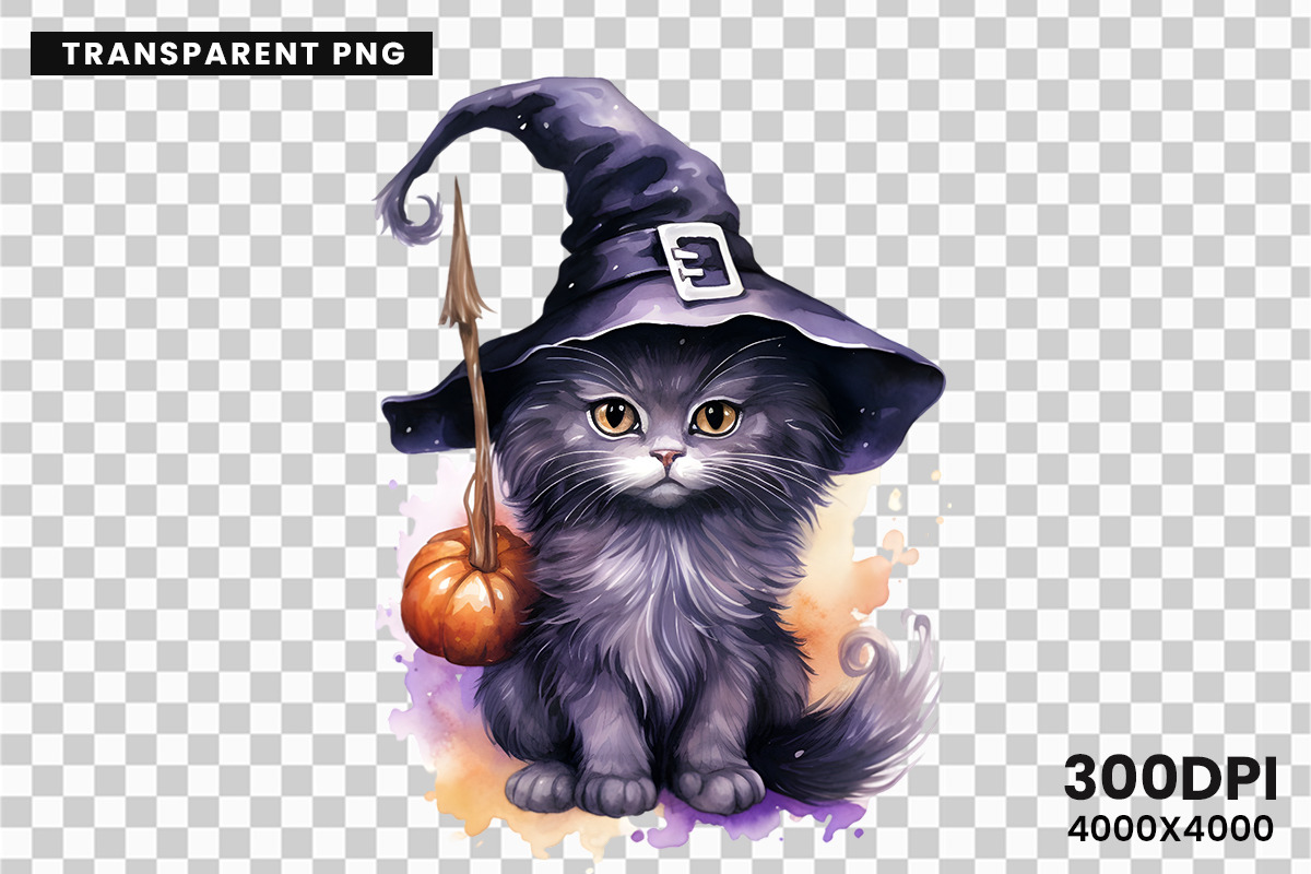 Watercolor Halloween Cat PNG Bundle, a Seasonal Illustration by Creative Arslan (Photo 7 of 7)