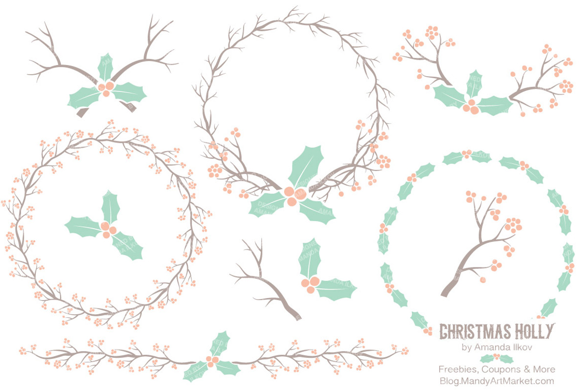 Mint & Peach Holly Clipart & Vectors, an Illustration by Amanda Ilkov (Photo 1 of 5)