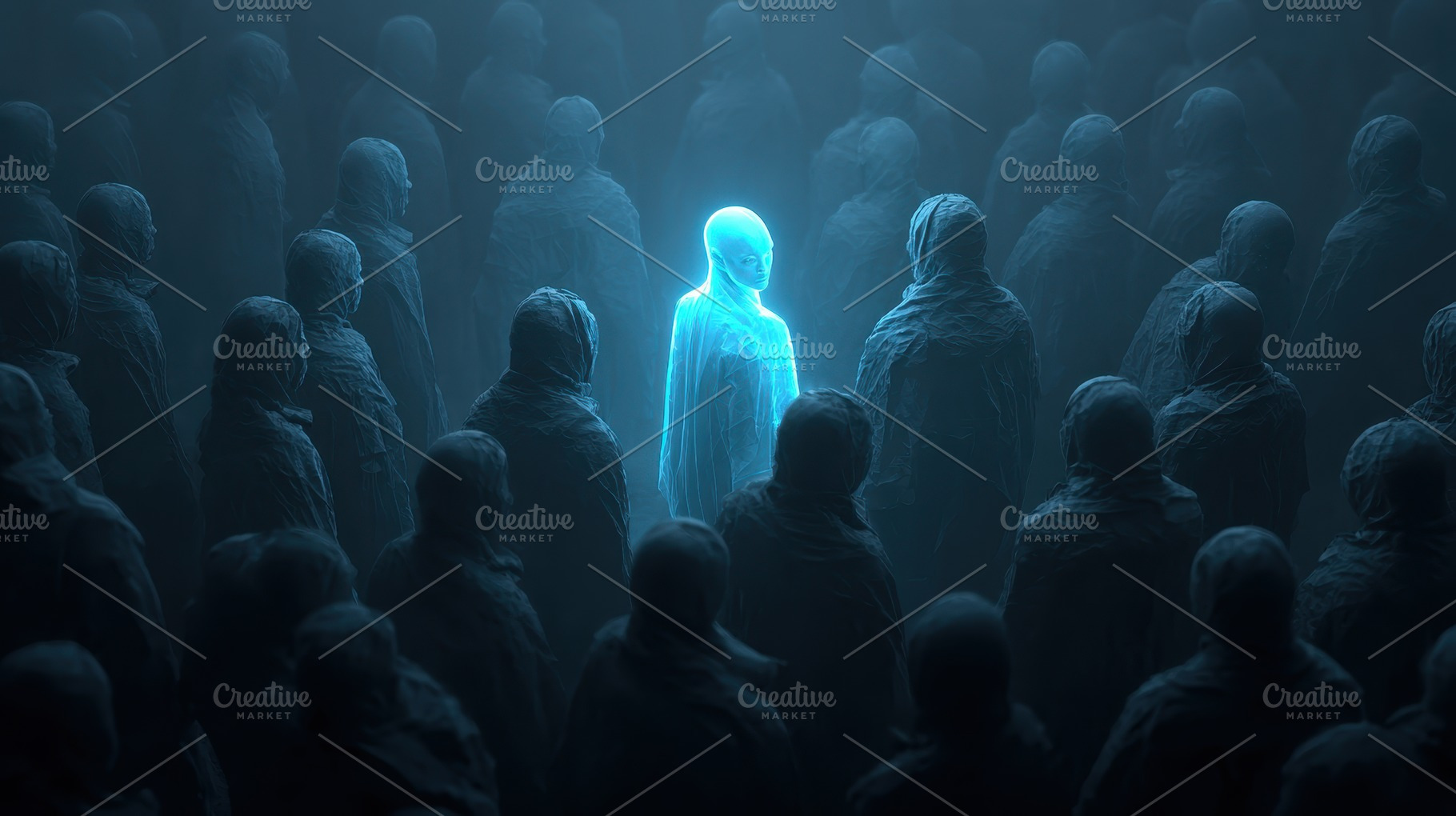 Glowing Figure Amidst Dark Crowd  My, a Photo by Pixeness Studio