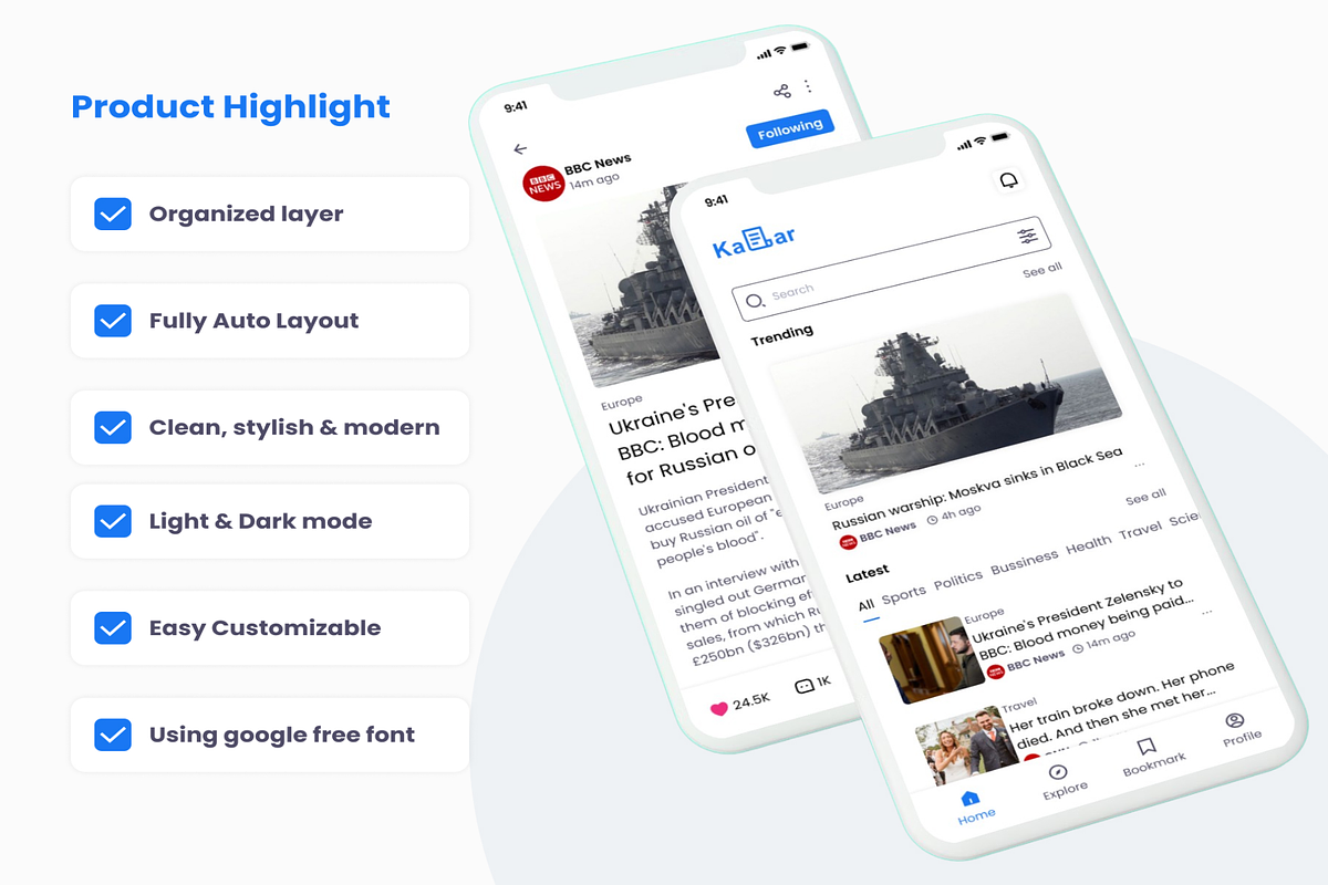 Kabar - News app UI Kit, an UI Kit Template by Creative Perspective (Photo 2 of 6)