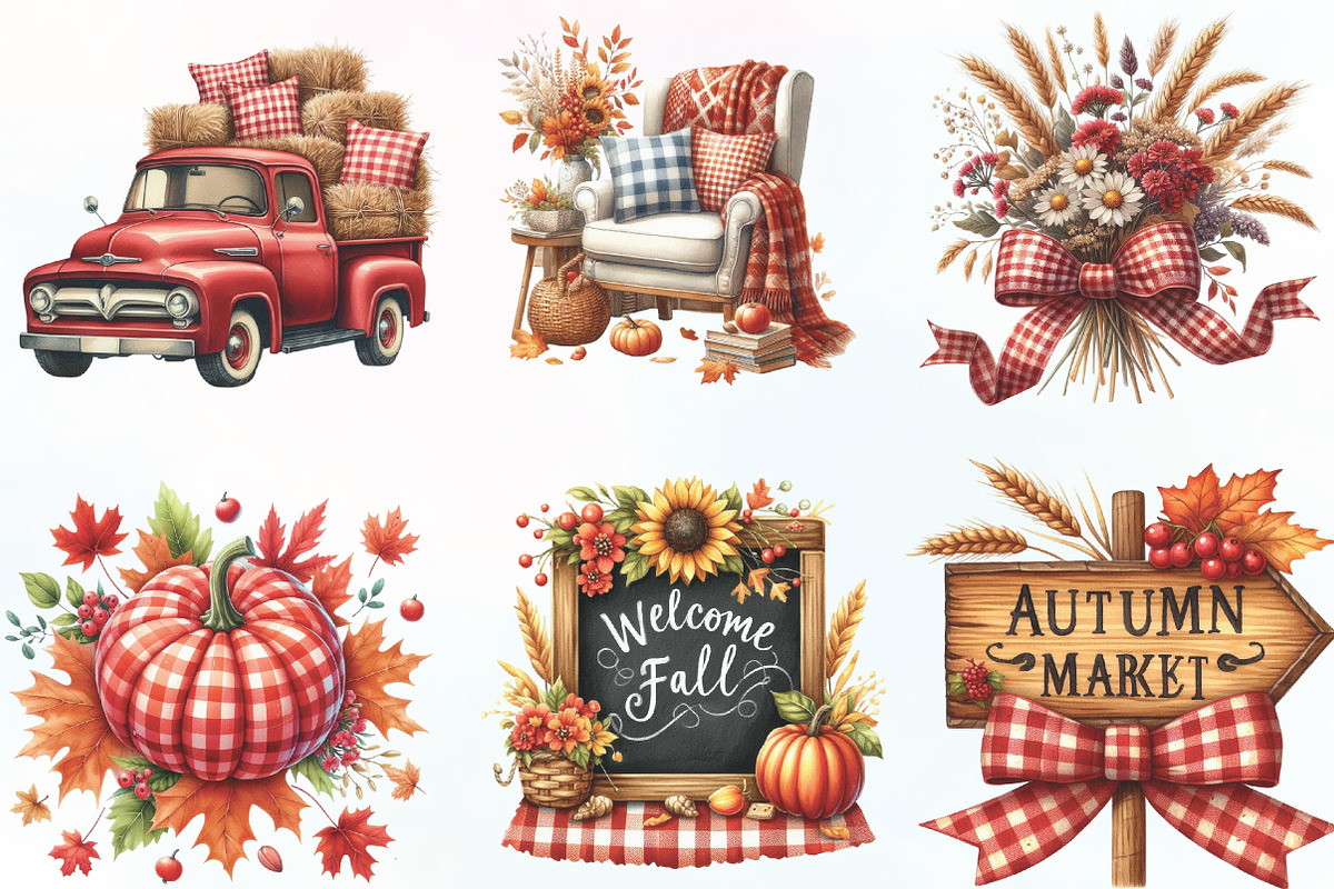 Red Gingham Autumn Clipart, an Illustration by CraftArtStudio (Photo 2 of 6)