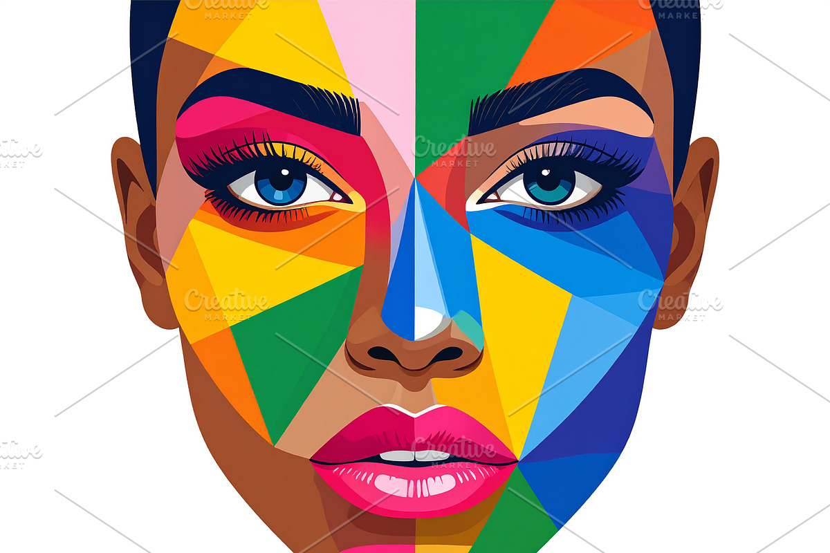 Woman face with colorful geometric brushstrokes replacing the fa, a Person Illustration by DanFLCreativo