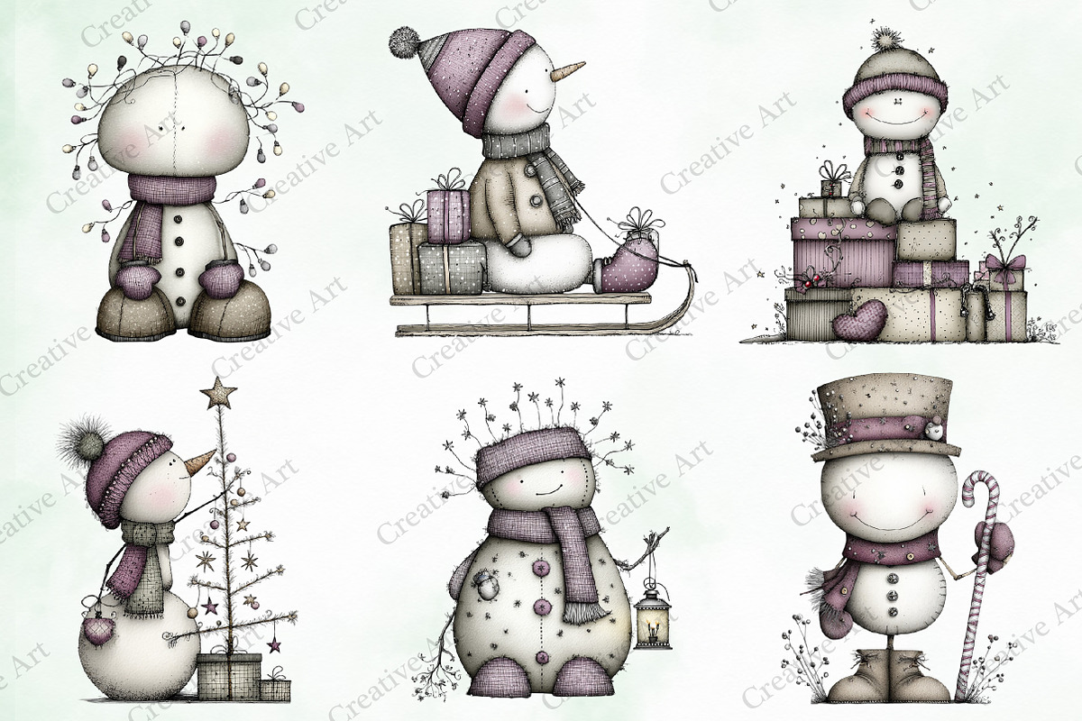 Whimsical Christmas Snowman Clipart, an Illustration by Creative Art (Photo 6 of 10)