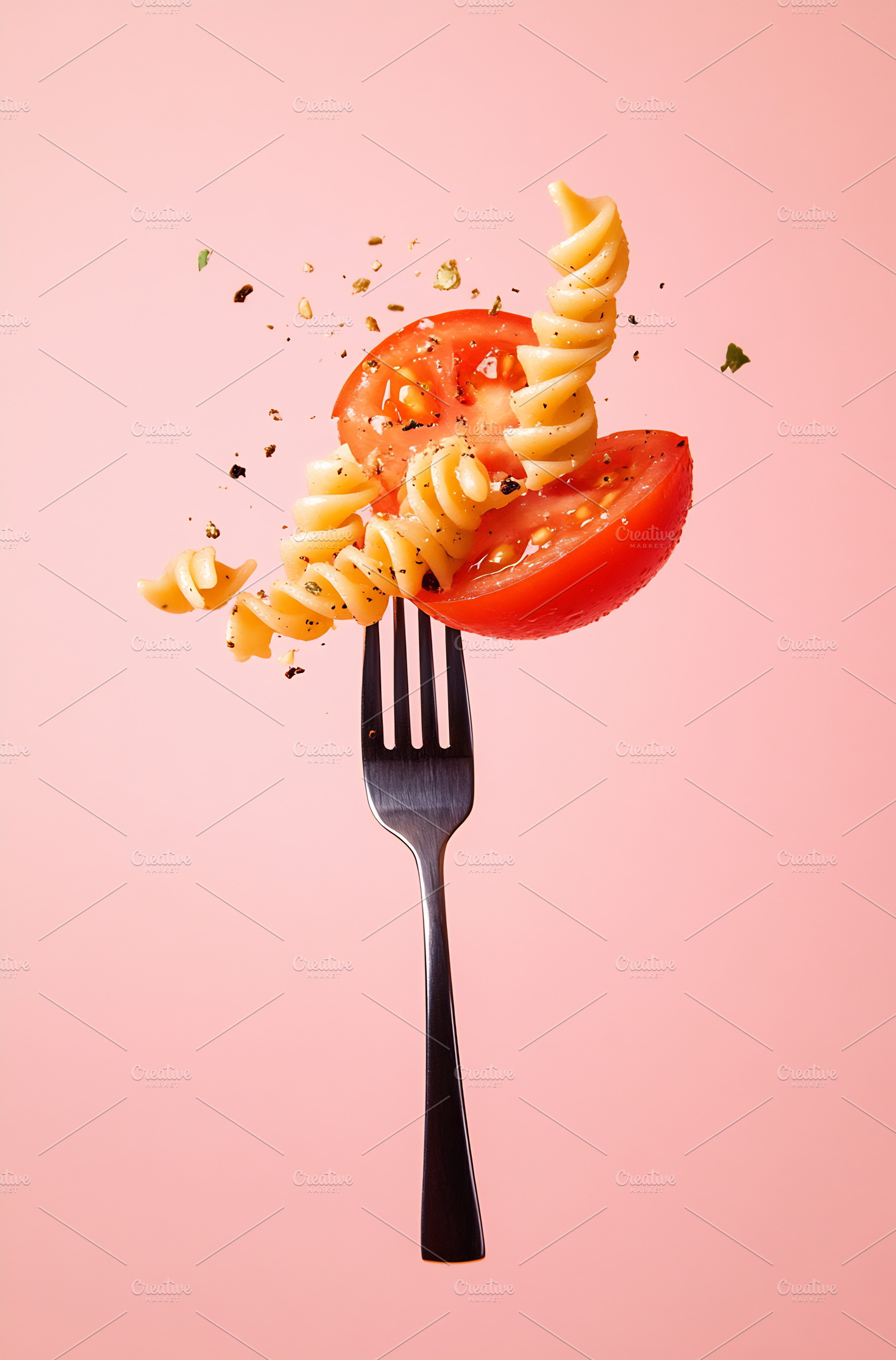 Sprightly pasta and tomato on fork, a Photo by Beautiful things