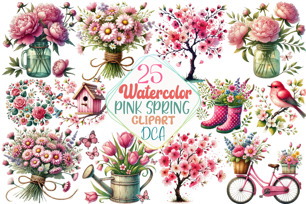 Pink Spring Clipart, an Illustration by DreamCafeArt (Photo 1 of 5)