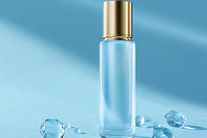 Blue cosmetic bottle with golden cap standing on clean surface w, a Photo by Studio ANNA