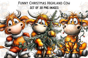 Funny Christmas Highland Cow Clipart, an Illustration by Craft Nest