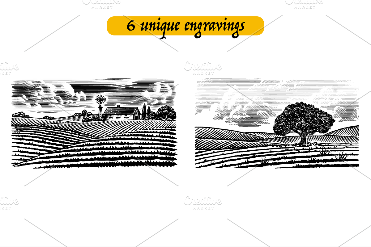 6 Rustic Landscape engravings, a Food Illustration by Arthur Balitskiy (Photo 2 of 4)